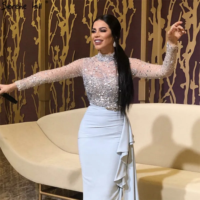 Diynav Luxury Blue Long Sleeves Evening Dresses 2025 High Neck Sequined Ruffles Formal Dress HZ1017