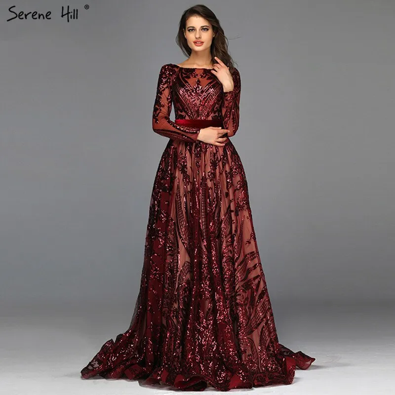 Diynav Wine Red A-Line Luxury Wedding dress 2025 Vintage Long Sleeve Sequined Evening Gowns Plus Size HZ1017