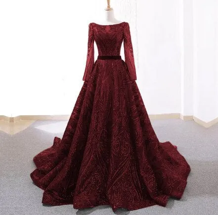Diynav Wine Red A-Line Luxury Wedding dress 2025 Vintage Long Sleeve Sequined Evening Gowns Plus Size HZ1017 - Image 6