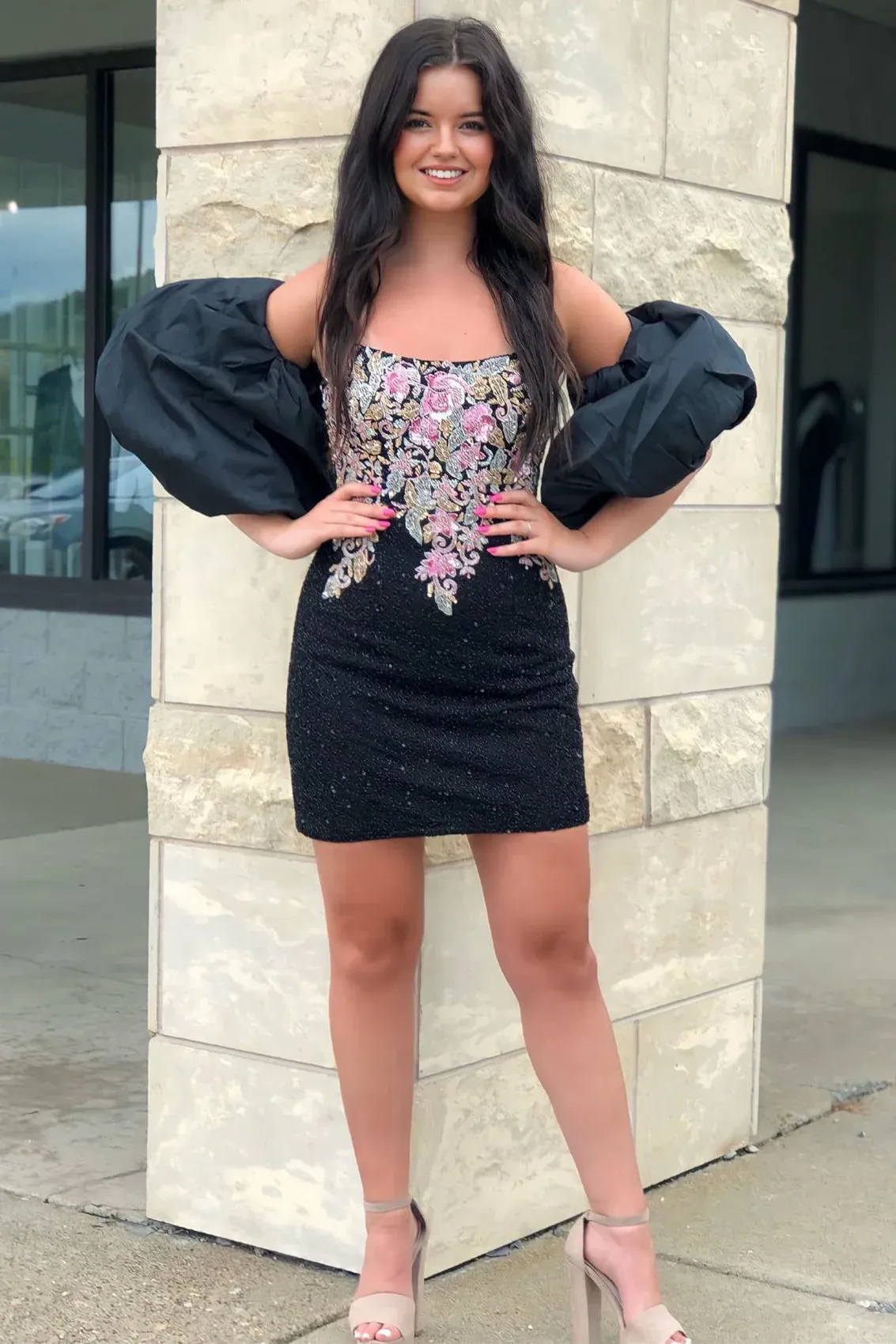 Diynav Strapless Appliques Beaded Homecoming Dress with Detachable Sleeves HZ1017