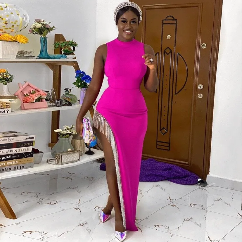 Diynav Women's Sexy Shiny Slit Fringe Bandage Dress Elegant Long Evening Dress HZ1017