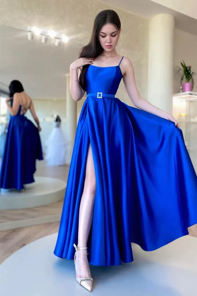 Diynav Royal Blue Satin Long Prom Dress with High Slit, Backless Blue Formal Graduation Evening Dress HZ1017