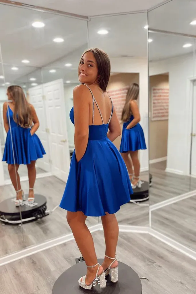 Diynav V Neck Royal Blue Prom Dress, Royal Blue Short Homecoming Dress HZ1017 - Image 2