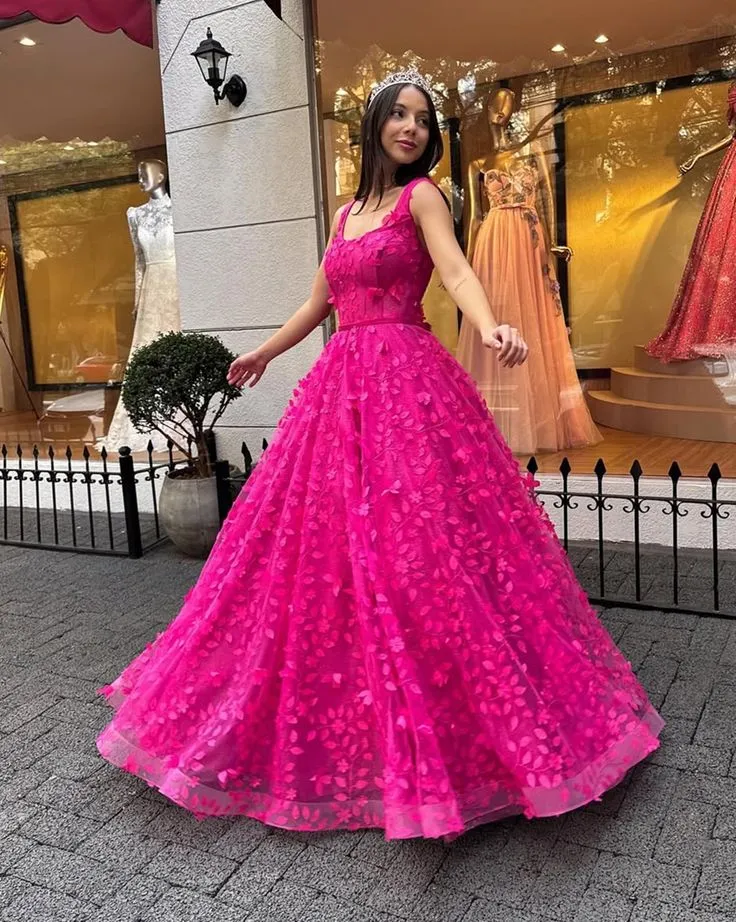 Diynav Pink Tulle Appliques Evening Dress .Formal Prom Dress Ball Gown HZ1017