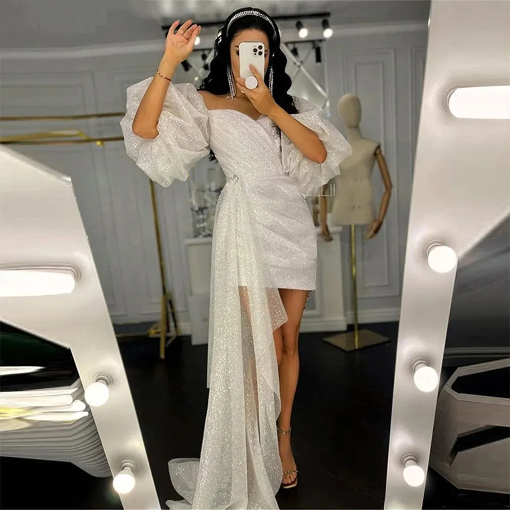 Diynav Puff Sleeve Wedding Dress Sweetheart Sparkly Modern Bridesmaid Dresses for Party Outfit Dress HZ1017