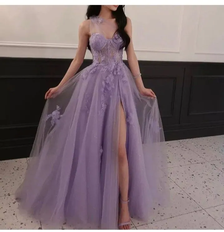 Diynav Light Purple A Line One Shoulder Side Slit Prom Evening Dresses Birthday Party Gowns HZ1017