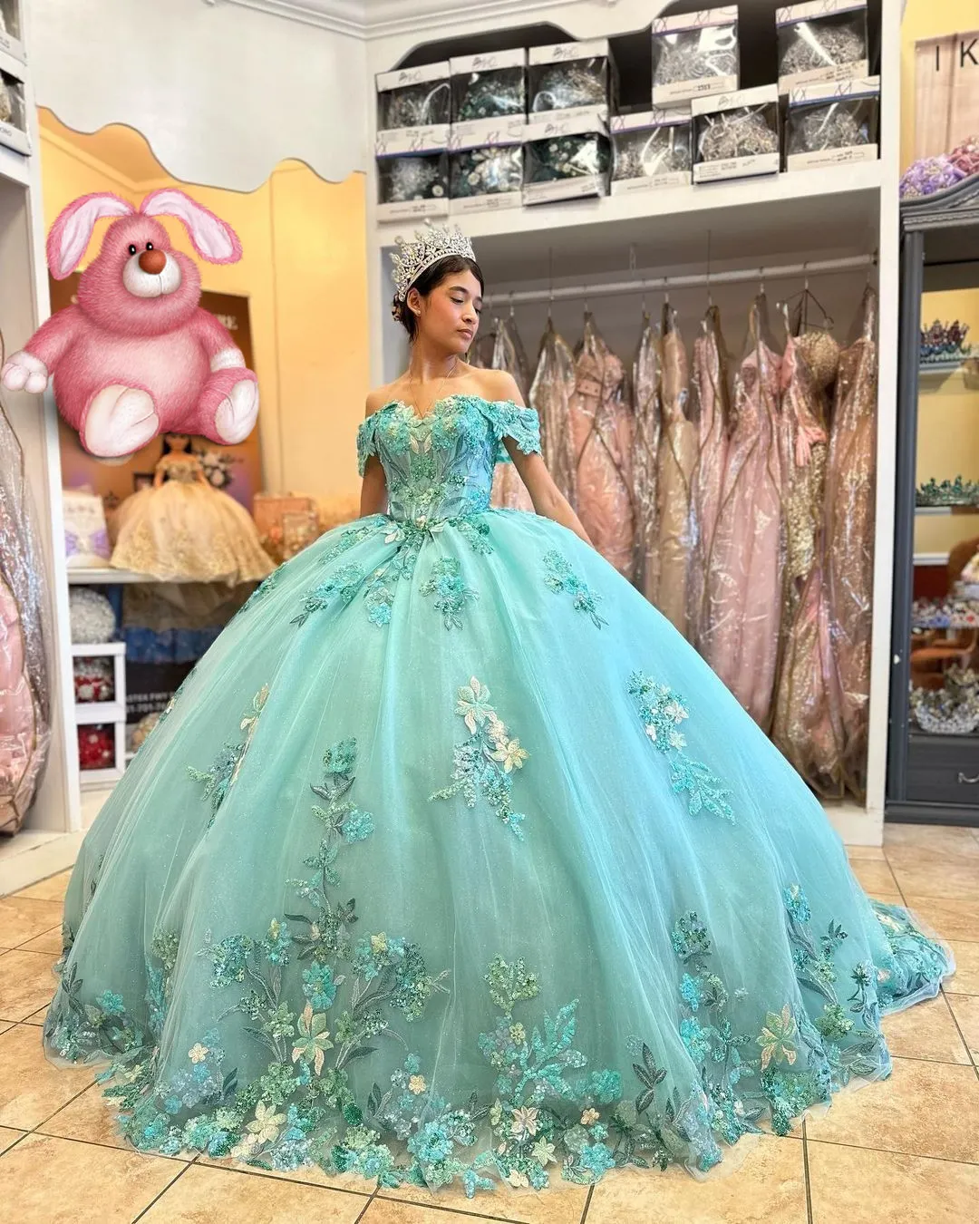 Diynav Quinceanera Dresses Ball Gown Off The Shoulder Appliques Flowers Mexican Sweet 16 Dresses HZ1017