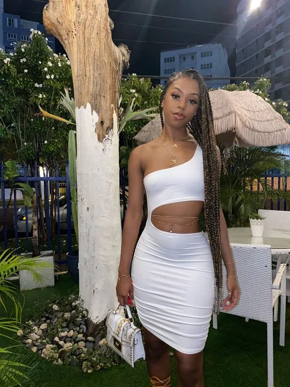 Diynav Shoulder White Homecoming Dress,Sexy Waist CutOut Dress HZ1017