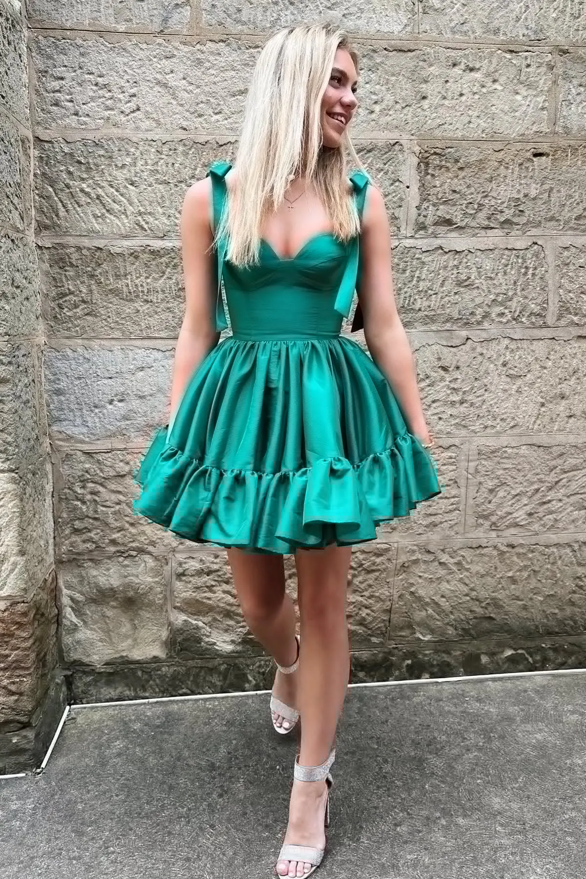 Diynav Tie Straps Green Corset Ruffle Short Homecoming Dress HZ1017