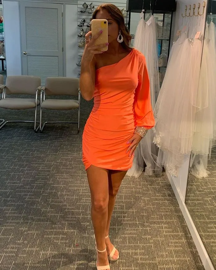 Diynav Shoulder Orange Satin Tight Homecoming Dress with Beading Long Sleeves HZ1017