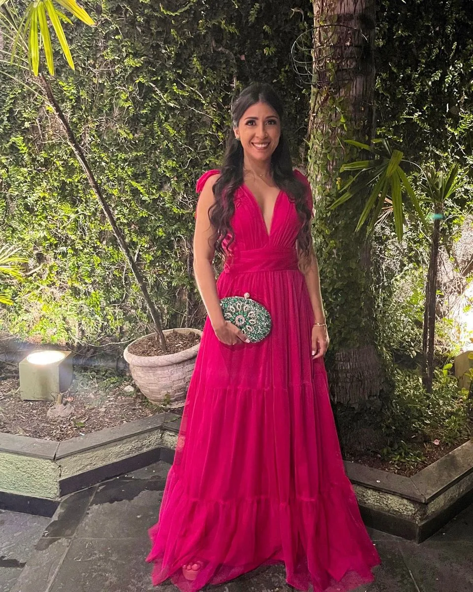 Diynav A-line V Neck Hot Pink Evening Dress HZ1017