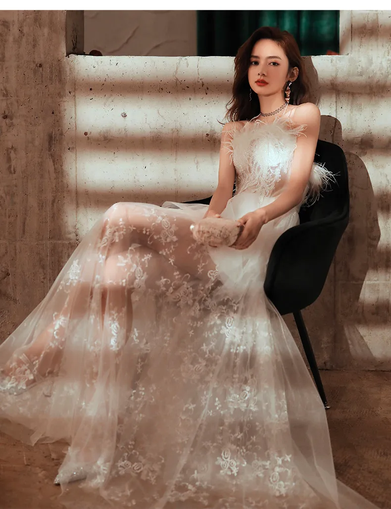 Diynav Retro Style Fashion Evening Sheer Party Dress,White Evening Dress HZ1017 - Image 4