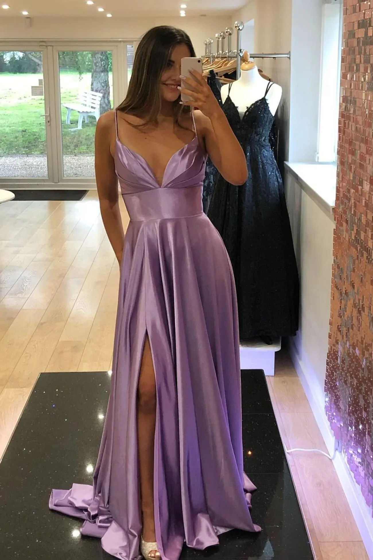 Diynav V-Neck Satin Long Prom Dress, Simple A-Line Evening Dress HZ1017