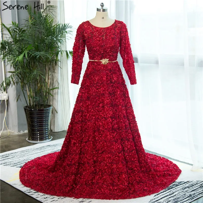 Diynav Sale no return no refundSale New Style Wine Red O-Neck Tulle Evening Dress Long Sleeve Small Flowers Fashion Evening Gowns 2025 Vestido De Festa HZ1017