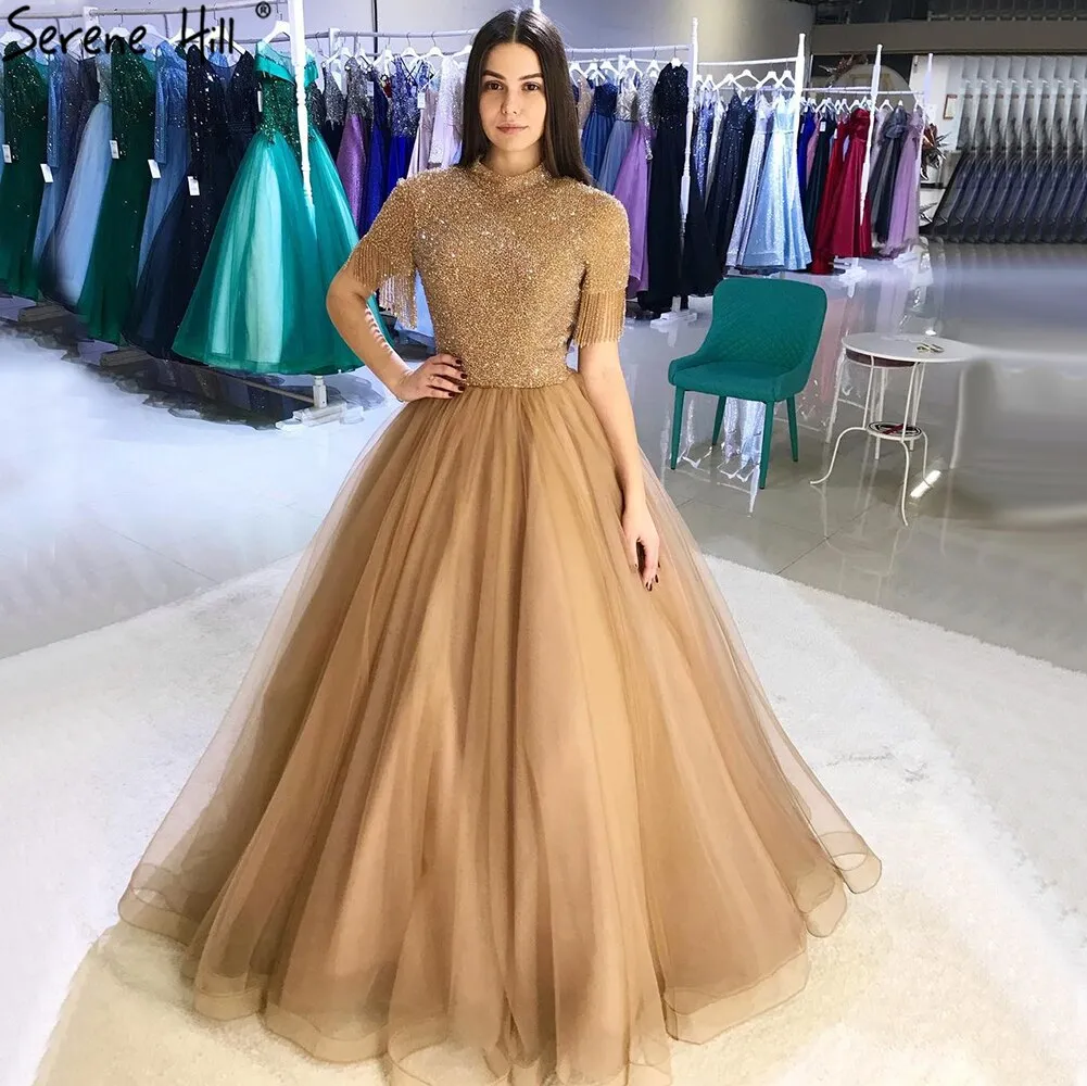 Diynav Nude Crystall A-Line High Neck Tulle Evening Dresses 2025 Beading Tassel Formal Dress Design HZ1017
