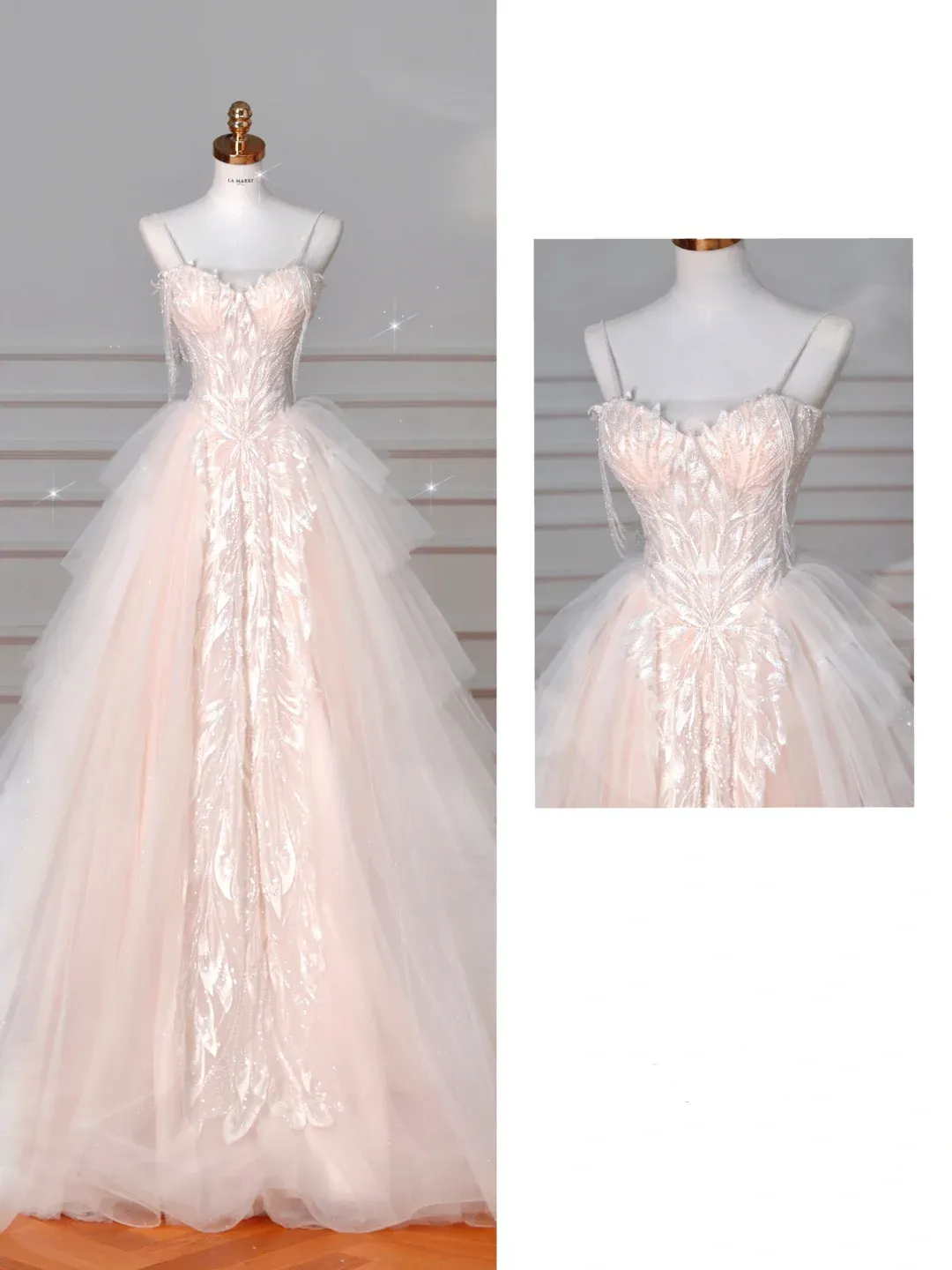 Diynav Light Pink Tulle ALine Wedding Dress,Formal Prom Evening Dress HZ1017
