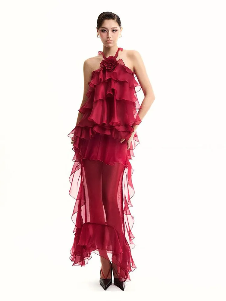 Diynav Women's Sexy Lotus Leaf Side Strap Hanging Neck Dress Flower Decorative Perspective Skirt Dress Dress