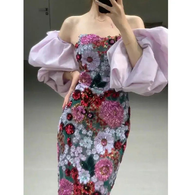 Diynav Dress Banquet Bra Dress 2024 New Female Spring And Summer Senior Famous Woman Bubble Bubble Sleeve Birthday Dress