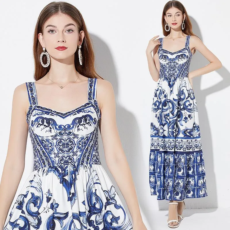 Diynav Blue And White Porcelain Beauty Sling Dress 2025 Summer Dress New Waist Pressure Folding Commuting Print Dress