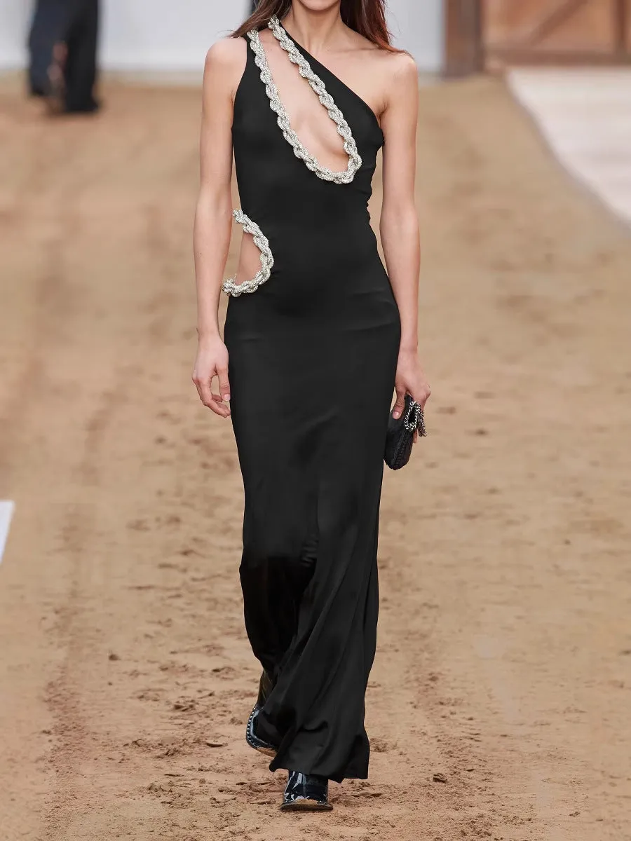 Diynav Luxury Heavy Industry Drill Hanging Neck Repair Open Fork Long Dress Sexy Famous Temperament Evening Dress Tight Dress Dress