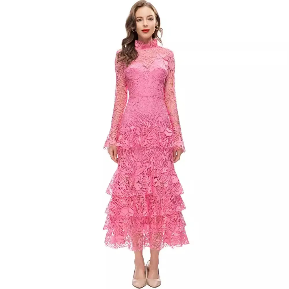 Diynav Style Collar Horn Long-Sleeved Water-So-Hook Flower Pink Dress Dress Summer And Autumn Women's New 2024