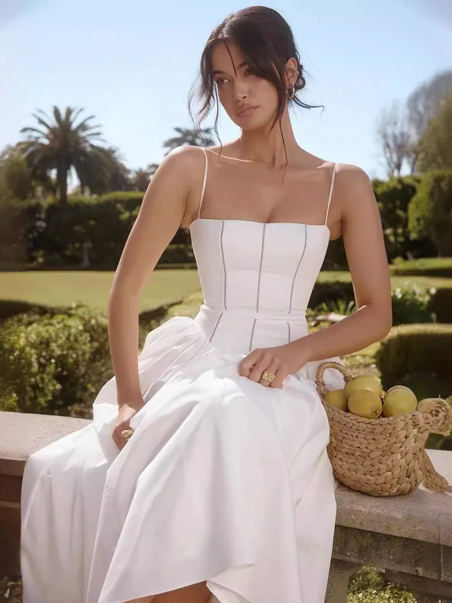 Diynav Women's Summer New Sexy Hollow Poneng Sling Dress French Temperamental Skirt Dress