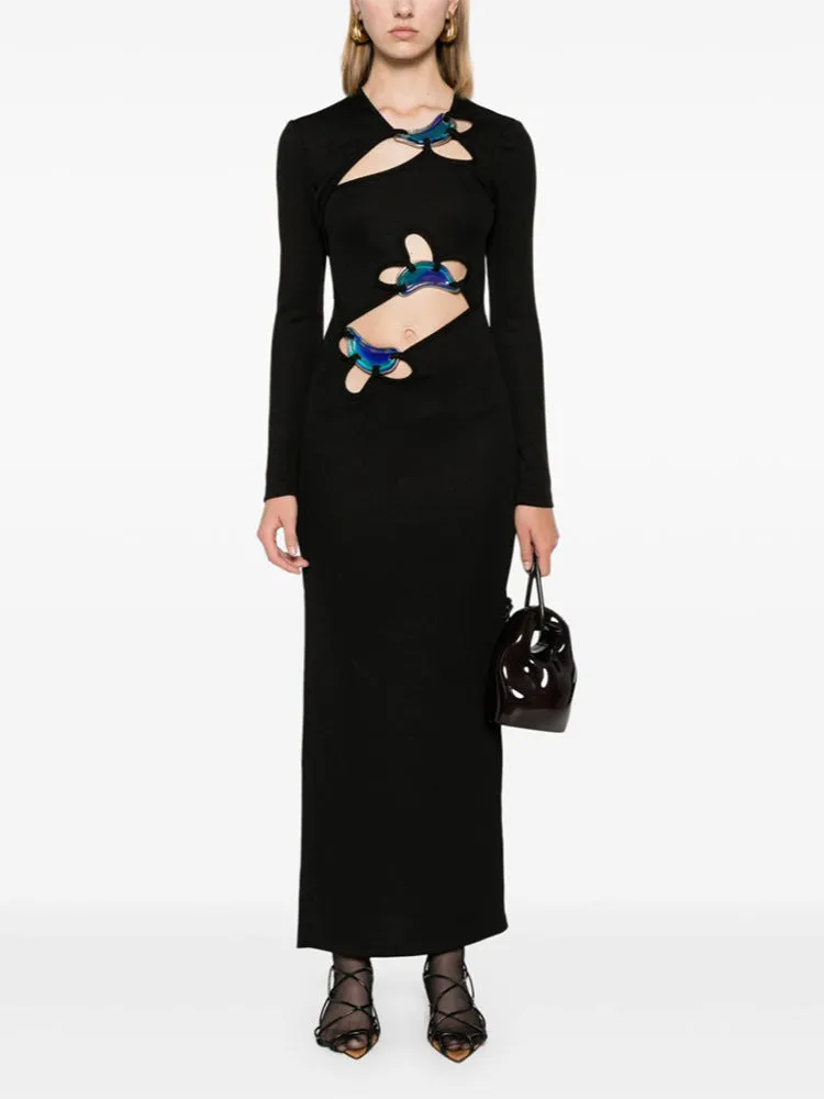 Diynav Women's Sexy Hollow Long-Sleeved Black Dress Metal Decorated Open Forked Ass And Hip Dress