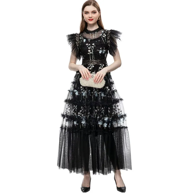 Diynav Industry Embroidery Round Collar Leaf Sleeve Net Dress Long Princess Dress Women's New Summer And Autumn 2025
