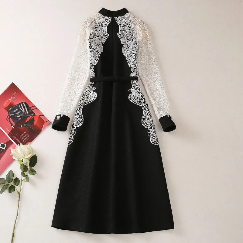 Diynav Feng Shui Soluble Flower Splicing Nails Button Long-Sleeved Black Dress Women's New Spring 2025