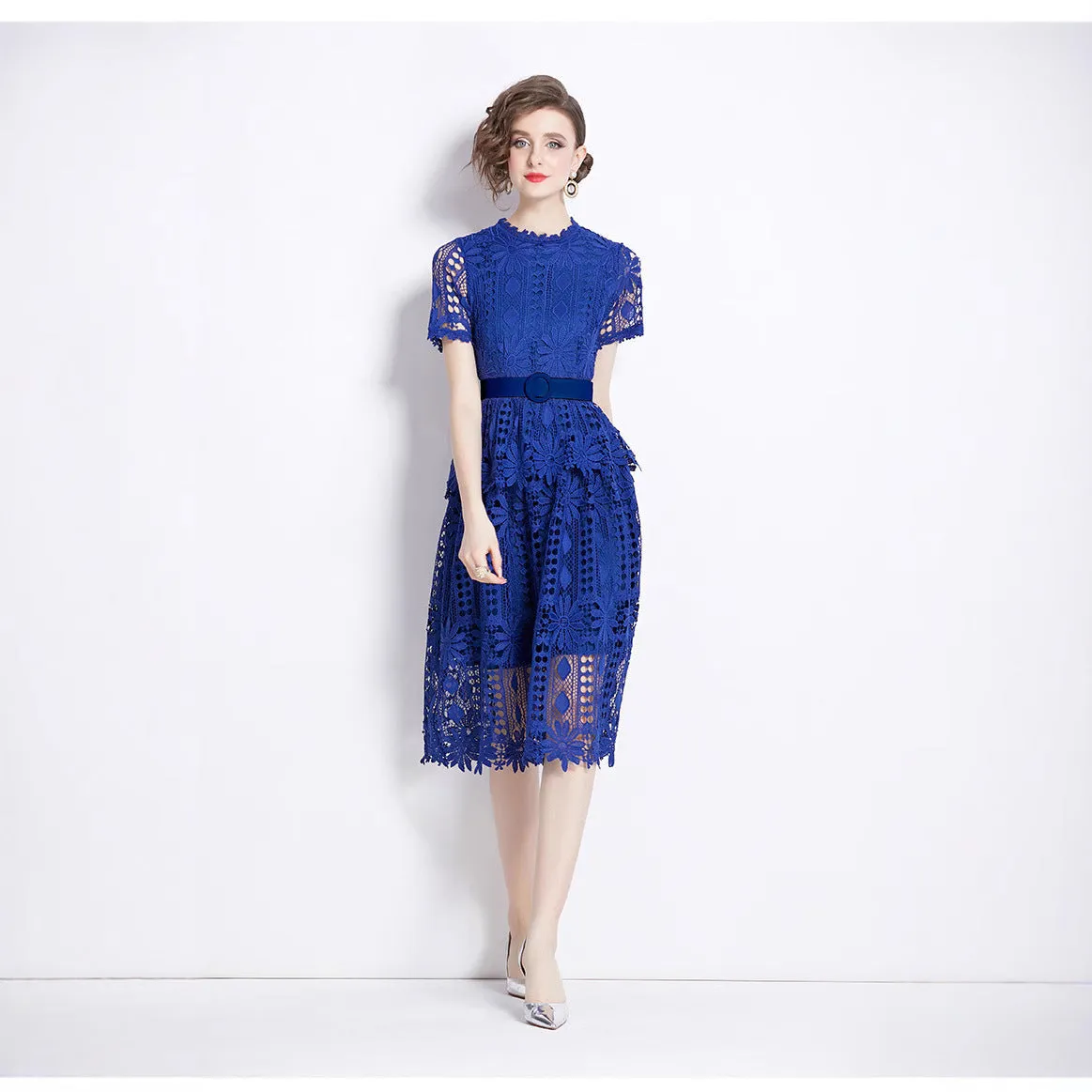 Diynav Court Style Temperament Short-Sleeved Round-Neck Waist Thin A-Word Hook Lace Dress Elegant Dress