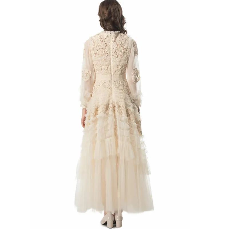 Diynav Industry Three-Dimensional Flower Hollow Long-Sleeved Lotus Side Princess Wind Apricot Dress New Women's Autumn And Winter 2024