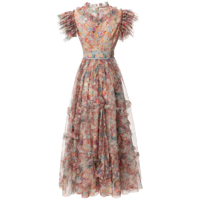 Diynav Industry Lily Lotus Leaf Sleeve Print Dress Long Dress Summer Autumn Women's New 2024