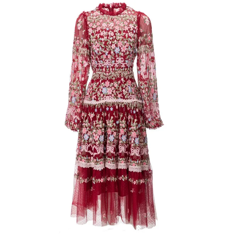 Diynav Industry Embroidery Lantern Long Sleeve Net Princess Wind Pink Dress Dress Autumn And Winter Women's New 2025