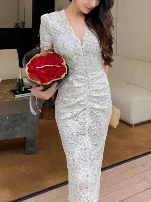 Diynav Of The Same Heavy Industry Nail Drill V Collar High-Waist Lace Hollow Body Repair Body Tidly Temperament Dress Female SP