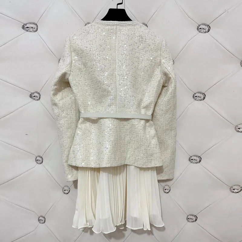 Diynav Round Collar Heavy Industry Glide Fake Two Coarse Flowers Which Spliced A Hundred Folded Dress Standing Spring Women's Clothing 2025