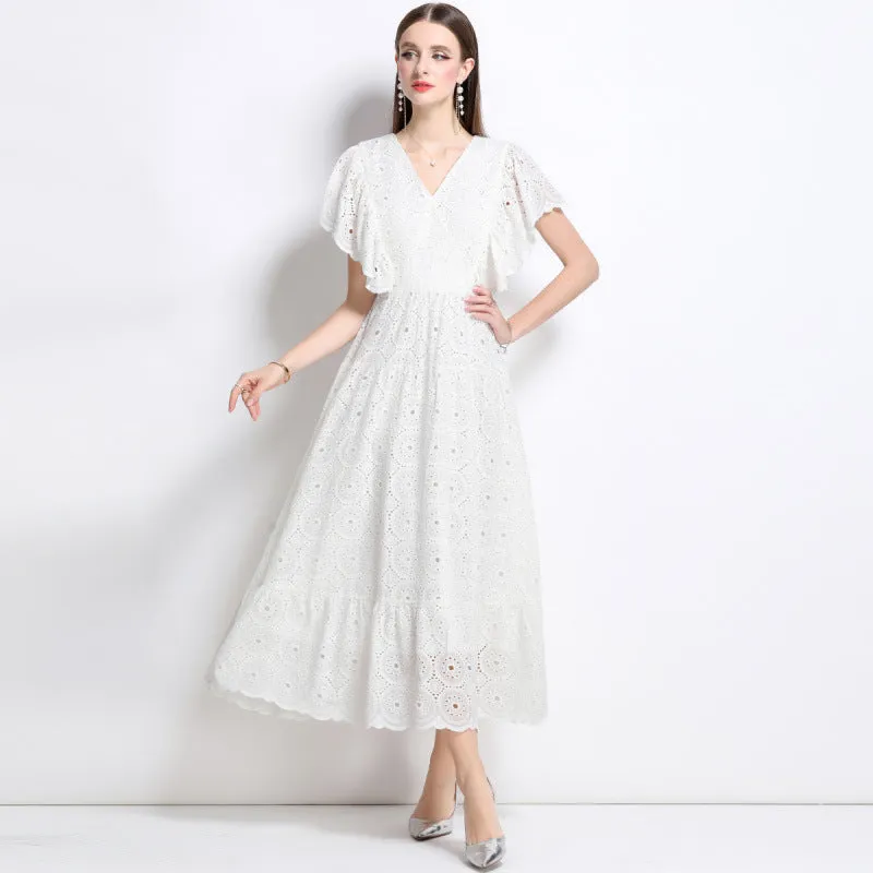 Diynav Hollow Embroidery Hook Lotus Leaf Side Flying Sleeve V Collar Thai Dress Fairy Vacation Lotus Side Dress