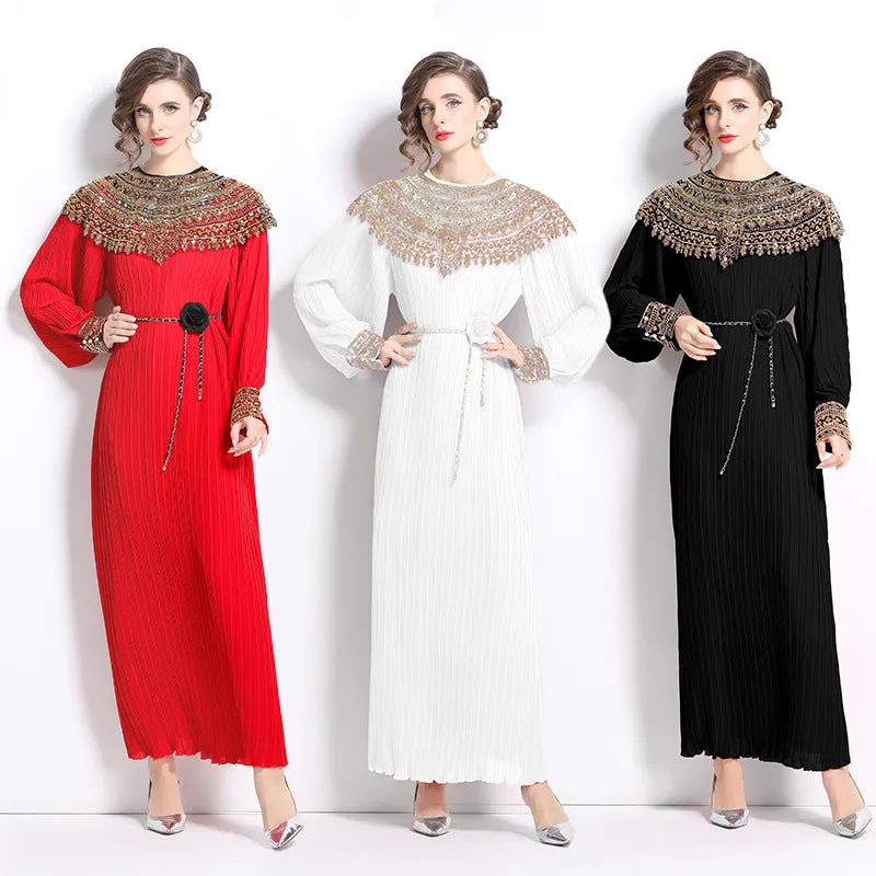 Diynav Senior Sense Of The Famous Fan Heavy Industry Nail Bead Dress Temperament Sister Fan Lantern Sleeves Loose Long Skirt