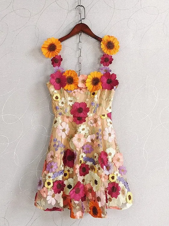 Diynav French Small Design Three-Dimensional Flower Net Embroidery To Rectender Sling With A-Word Dress