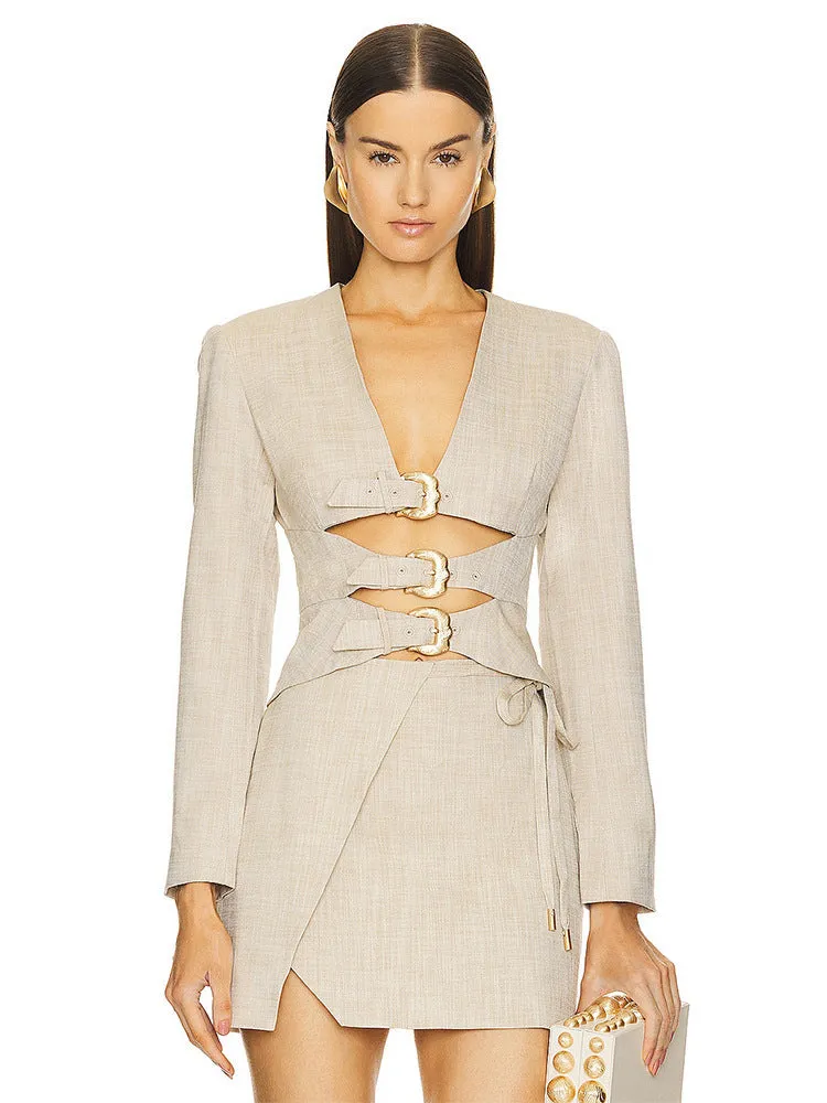 Diynav Women's Suit Sexy Hollow With Long-Sleeved Top Irregular Tie Short Skirt Two-Set