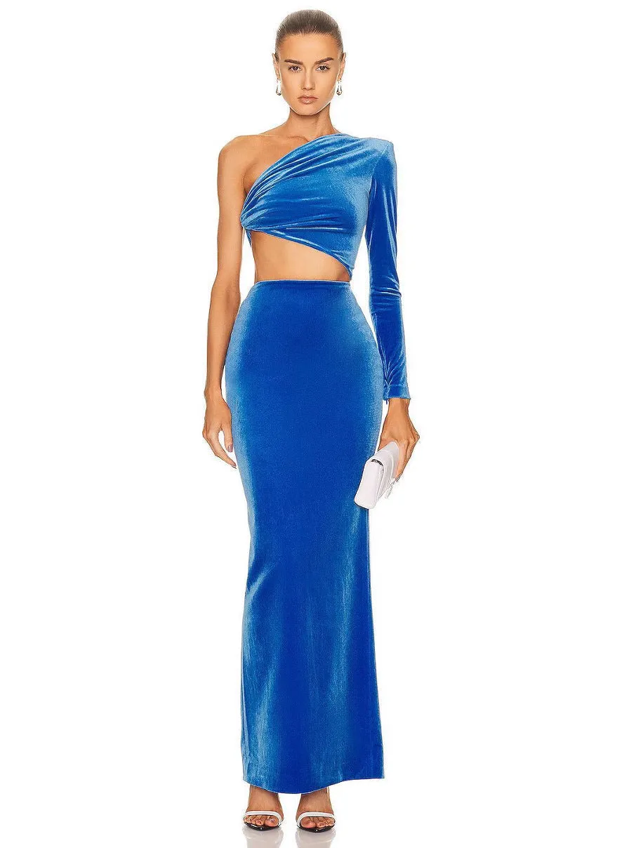 Diynav Women's Slanted Shoulder Long-Sleeved Velvet Fashion Sexy Body Fork Sexy Bag Hip Dress