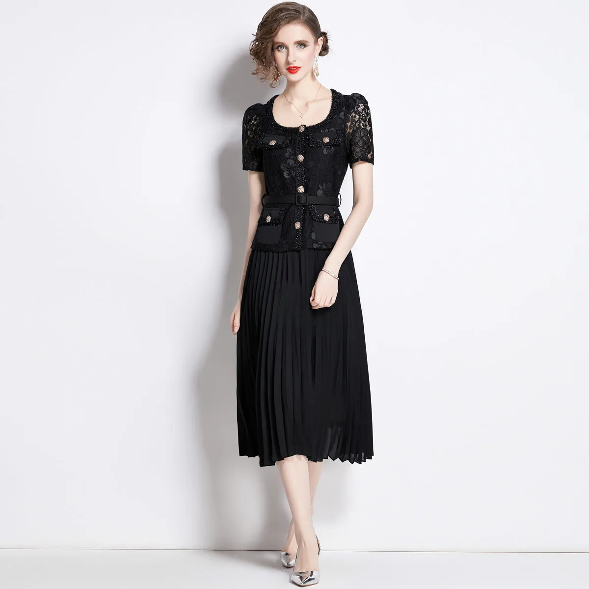 Diynav Embroidered Dress Square Understanding Temperament Chiffon 100-Fold Skirt Belt To Collect Thin