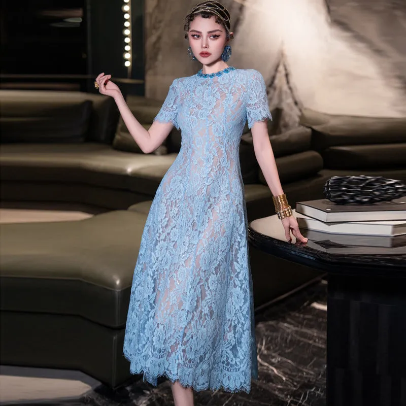 Diynav Industry Drill Round Lace Hook Flower Big Swing Waist Red Blue Short-Sleeved Dress Spring And Summer Women's Dress 2025