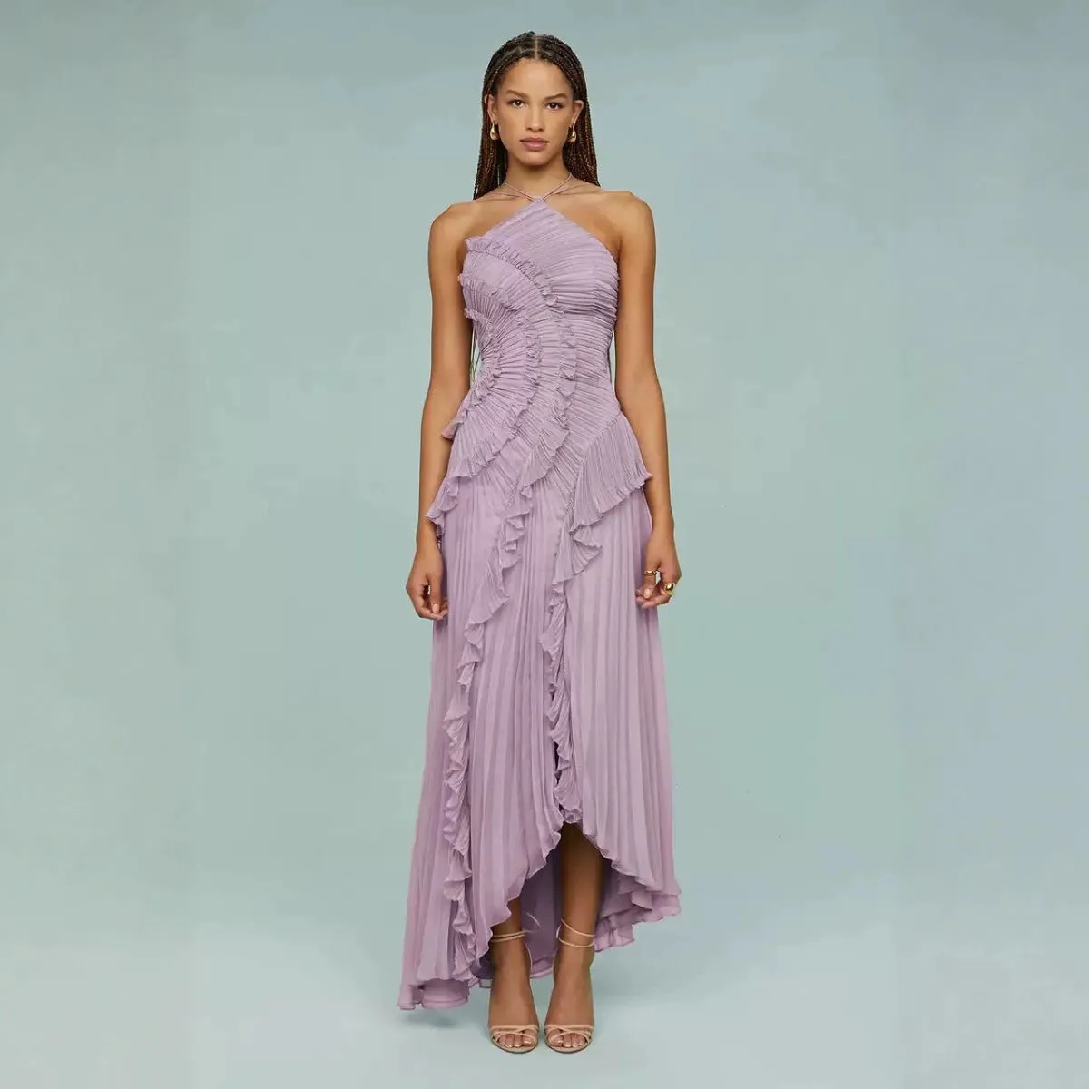 Diynav For High-End Chiffon Dress Women Lotus Edge Folding Design Thin Long Dress Fast Fashion