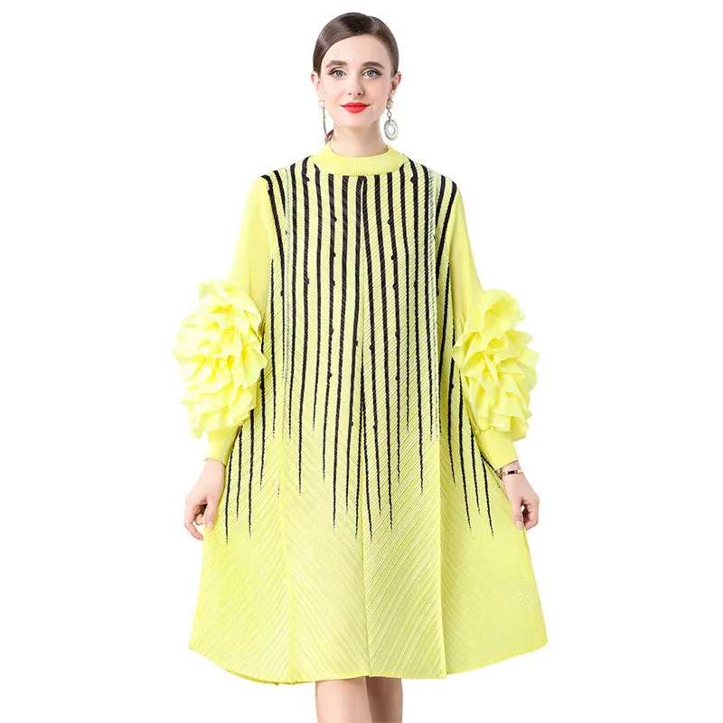Diynav Gas Handmade Large Petal Striped Folded Dress Female Senior Sense Thin Long Folded Dress