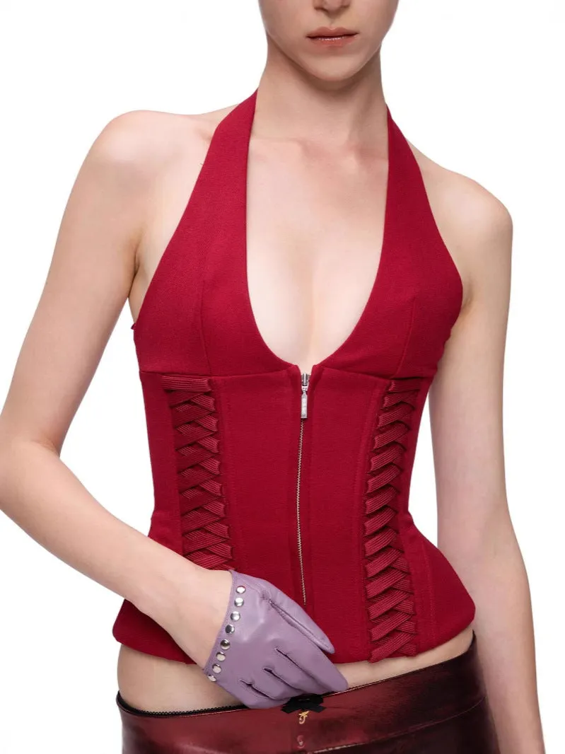 Diynav Strap-On Zipper Vest Hottie Hanging Neck Vest Deep V Sexy Tight Short Top