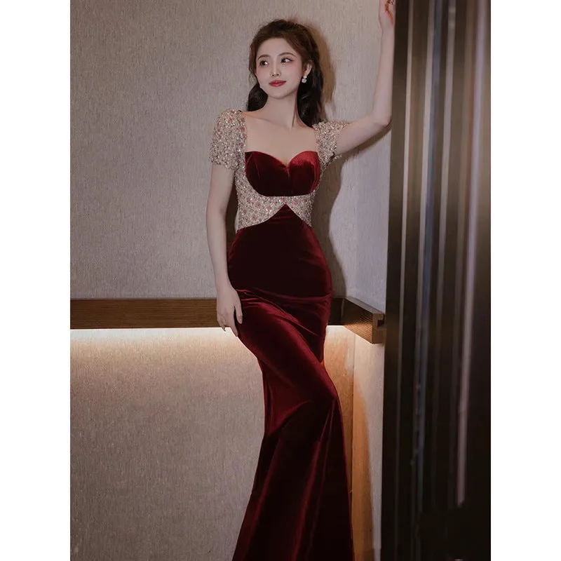 Diynav 2024 New Bride Wedding Red Velvet High Sense Light Small High-End Fish Tail Evening Dress Dress