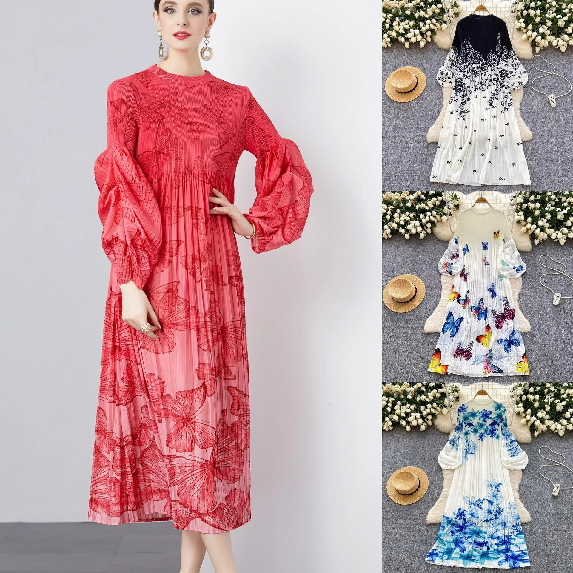 Diynav 2025 Summer New Dress Women's Design Printing Collar Long Sleeve Loose Thin Folds Long Dress