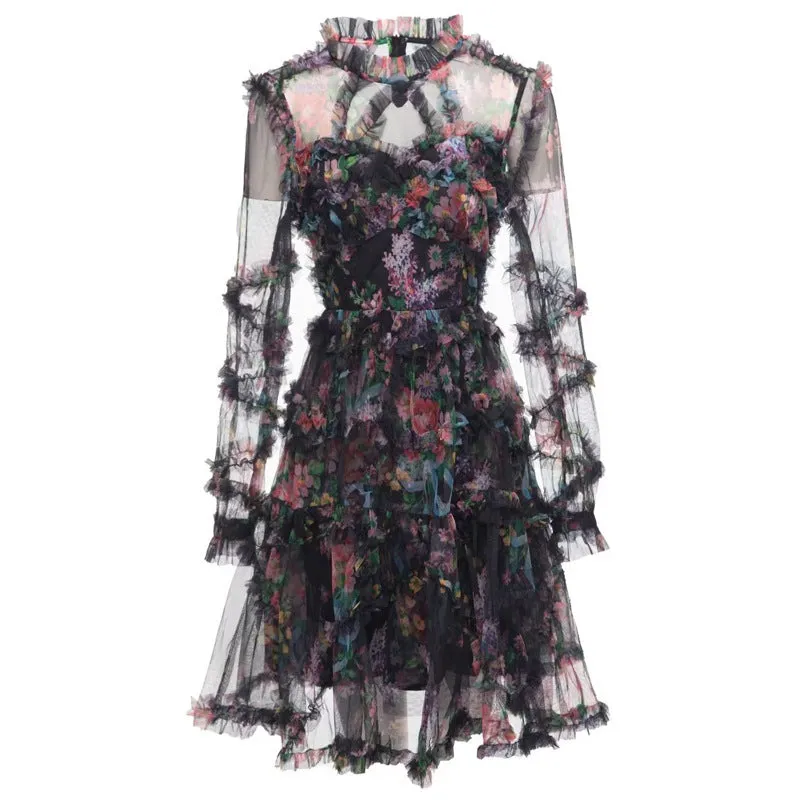 Diynav Industry Lotus Leaf Side Sexy Perspective Apricot Print Long-Sleeved Short Dress New Women's Clothing Early Autumn 2024