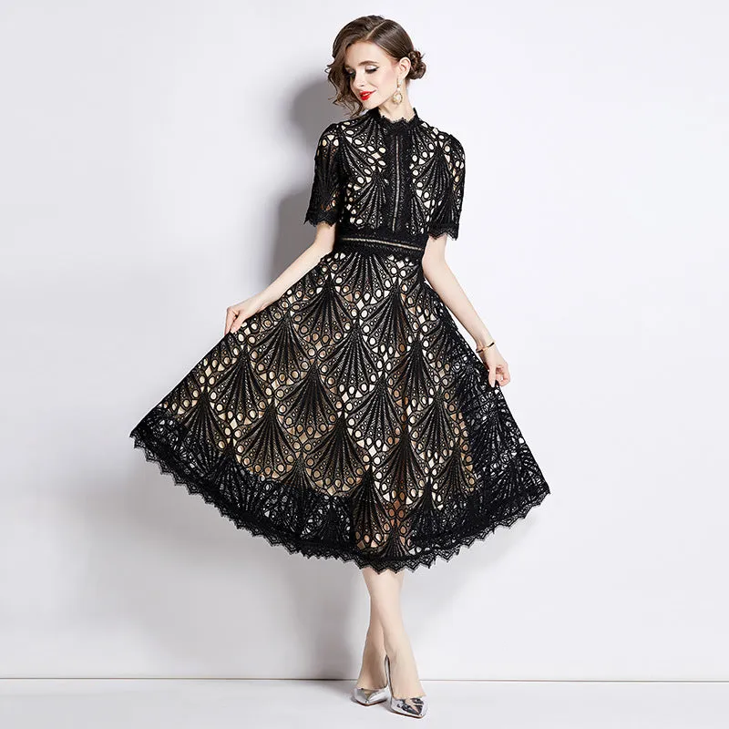Diynav High-End Lace Splicing Round Collar Dress Women's New Summer Waist Thin Temperament Big Swing Dress Dress