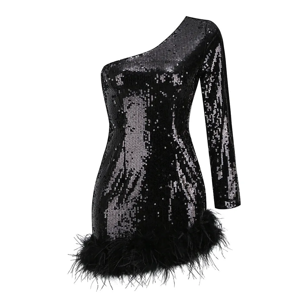 Diynav Dress 2025 High-End Women's Sexy One-Shoulder Collar Long-Sleeved Dress Feathers